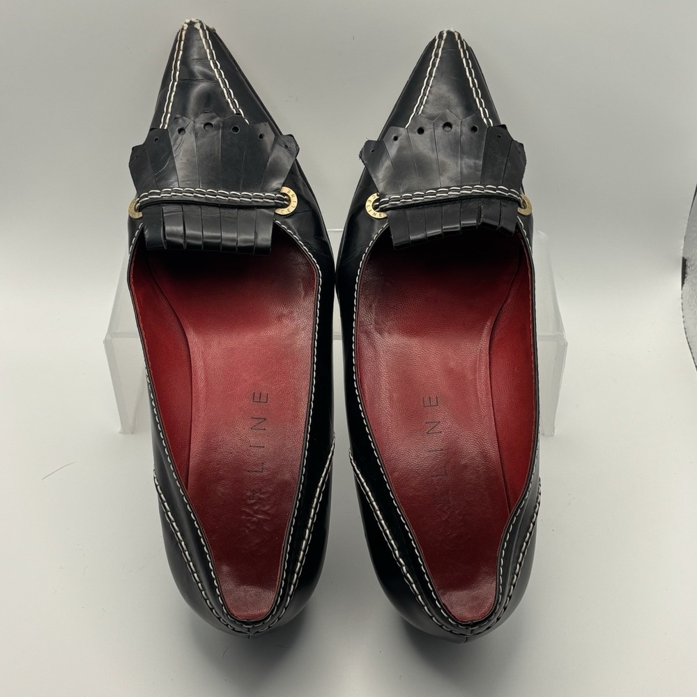 Vintage CELINE Paris Black Leather Kiltie Loafers White Stitch 38 B Made‎ Italy - Picture 6 of 11
